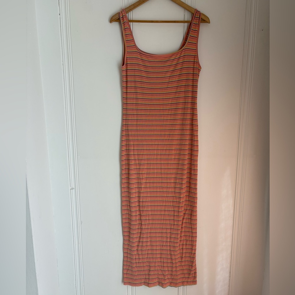 Y2K Peach Striped Maxi Dress Bodycon Square neck Sleeveless